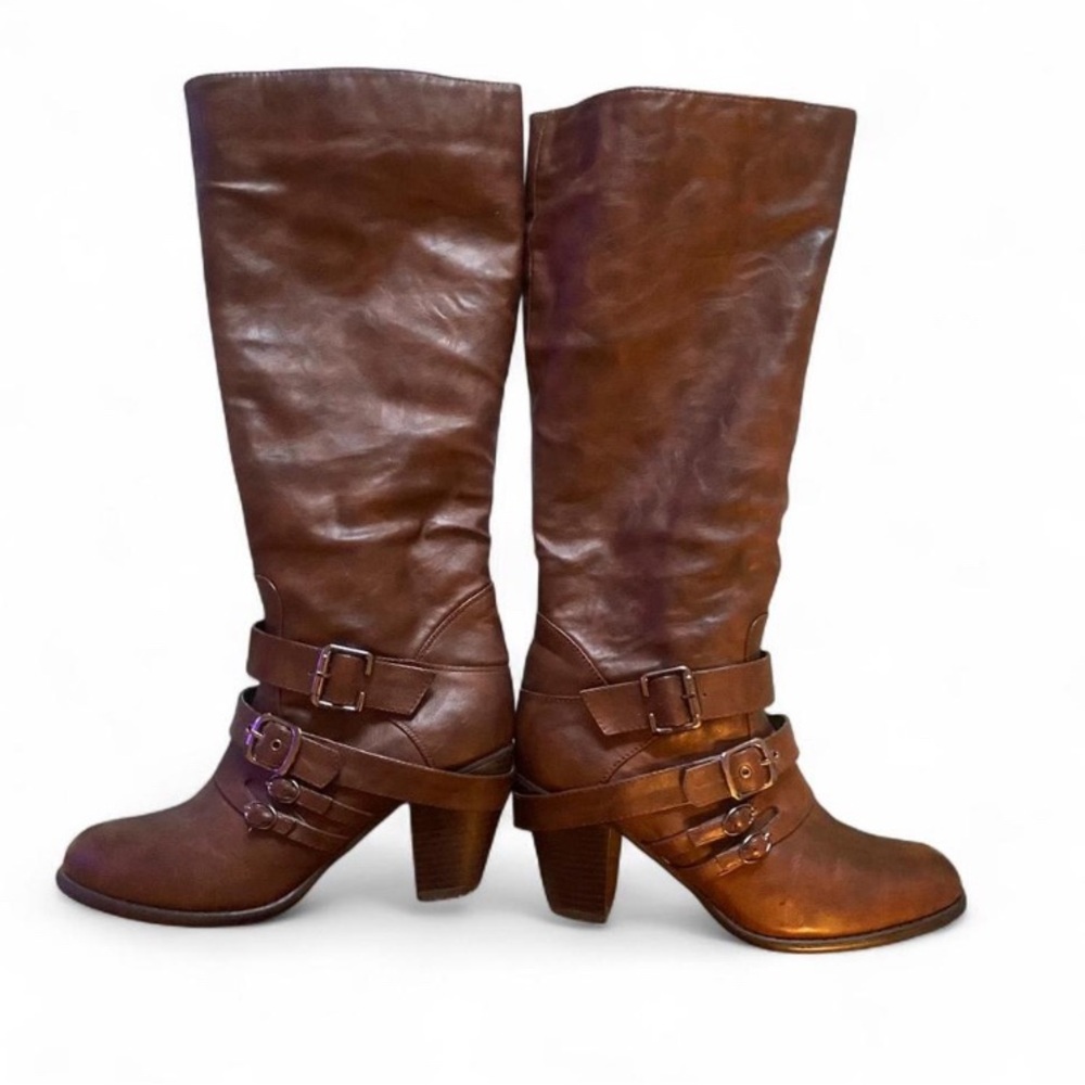 Knee High Brown Heeled Boots with Buckle Details